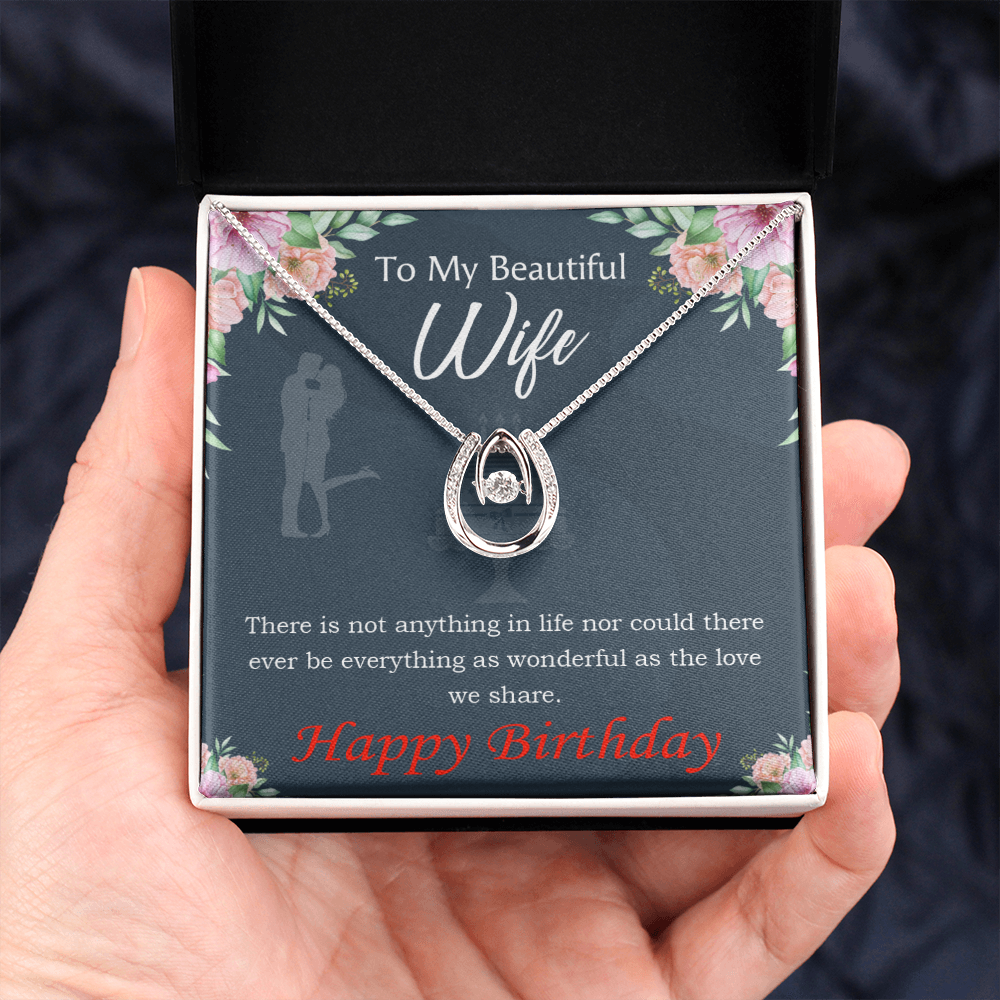 To My Wife Birthday Everything is Wonderful Lucky Horseshoe Necklace Message Card 14k w CZ Crystals-Express Your Love Gifts
