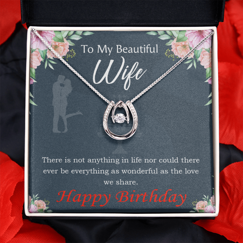 To My Wife Birthday Everything is Wonderful Lucky Horseshoe Necklace Message Card 14k w CZ Crystals-Express Your Love Gifts