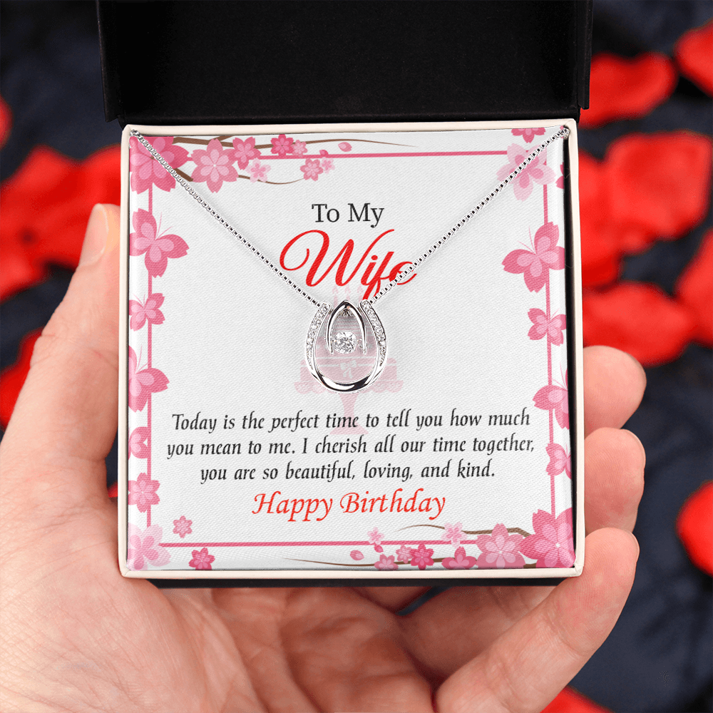 To My Wife Birthday I Cherish Lucky Horseshoe Necklace Message Card 14k w CZ Crystals-Express Your Love Gifts