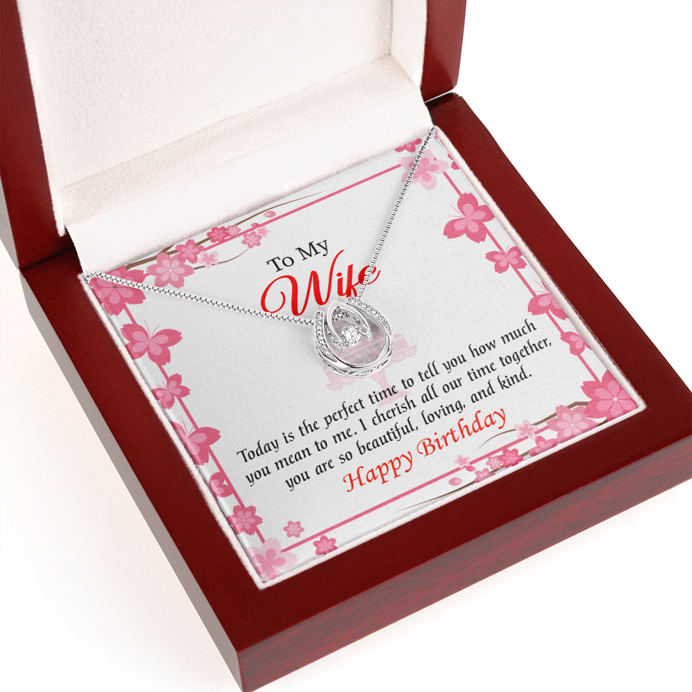 To My Wife Birthday I Cherish Lucky Horseshoe Necklace Message Card 14k w CZ Crystals-Express Your Love Gifts