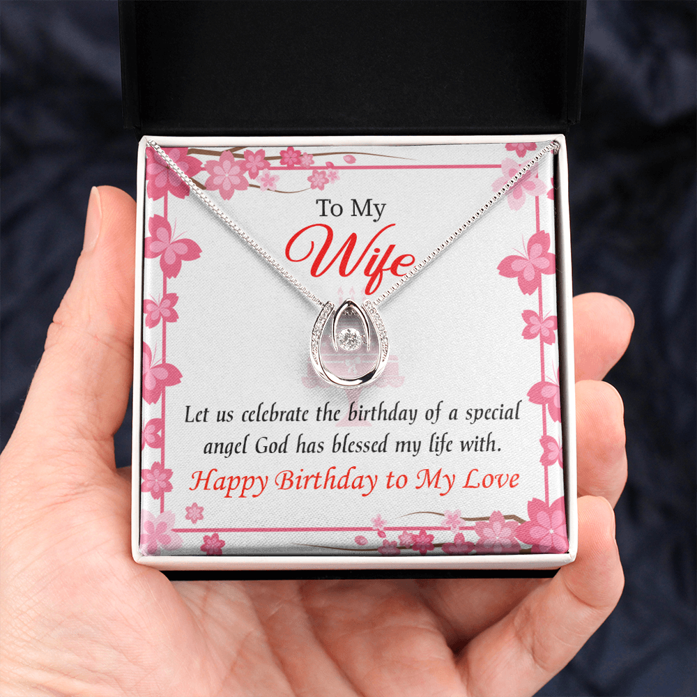 To My Wife Birthday Love and Affection Lucky Horseshoe Necklace Message Card 14k w CZ Crystals-Express Your Love Gifts