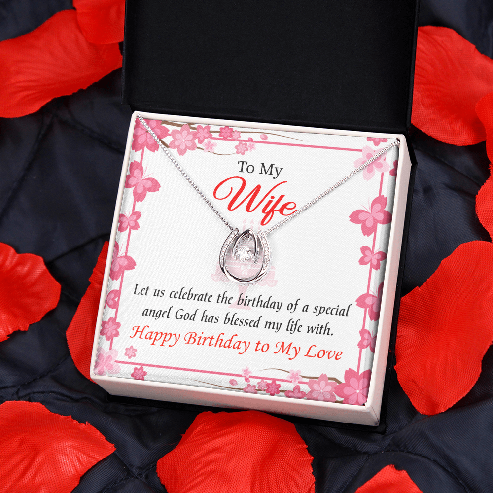 To My Wife Birthday Love and Affection Lucky Horseshoe Necklace Message Card 14k w CZ Crystals-Express Your Love Gifts