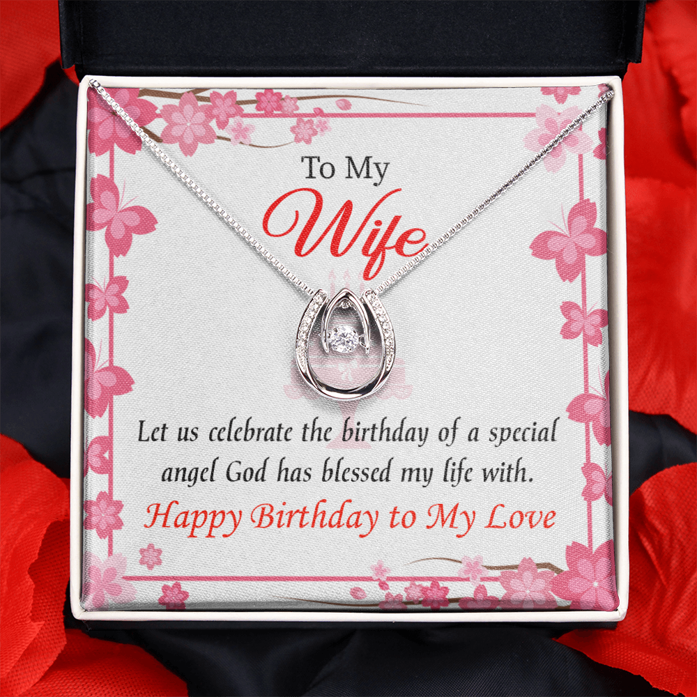 To My Wife Birthday Love and Affection Lucky Horseshoe Necklace Message Card 14k w CZ Crystals-Express Your Love Gifts