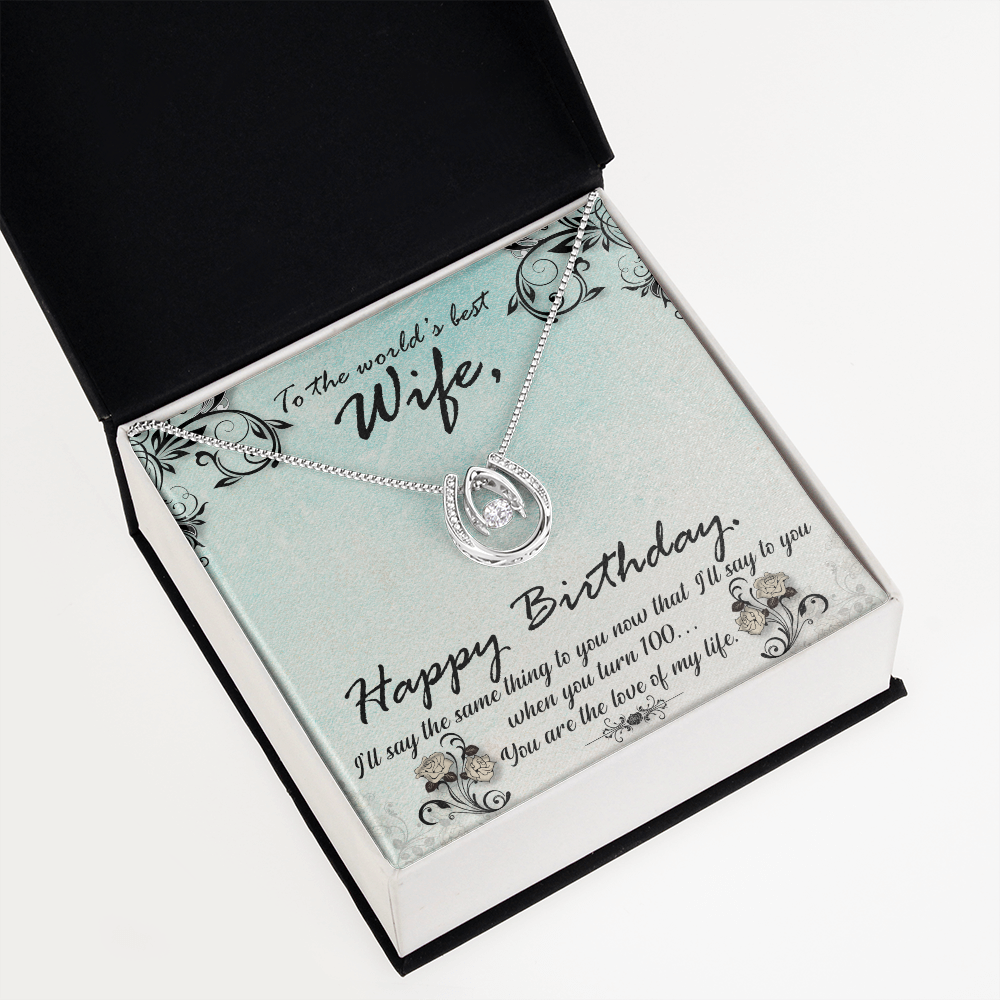 To My Wife Birthday Love of My Life Lucky Horseshoe Necklace Message Card 14k w CZ Crystals-Express Your Love Gifts