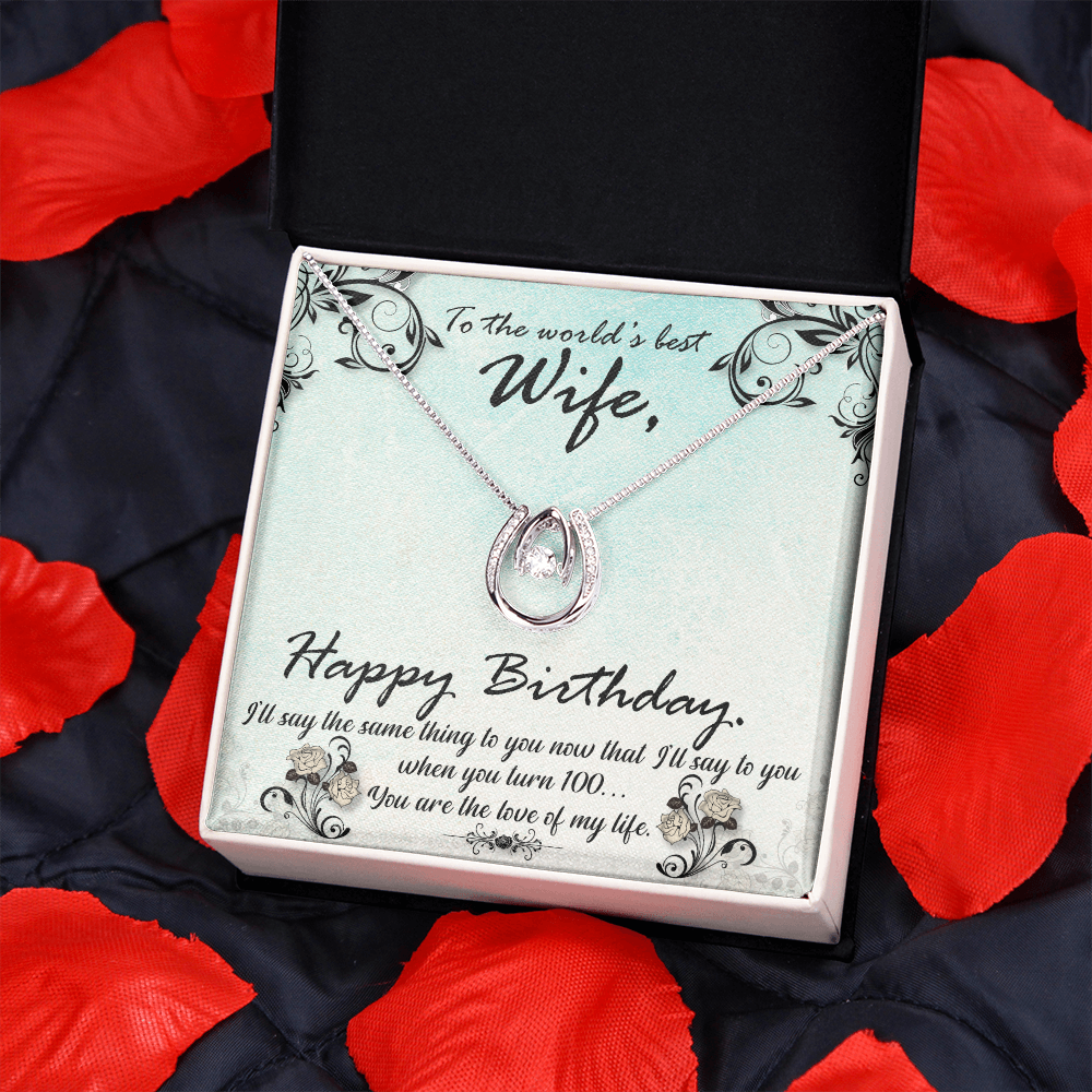 To My Wife Birthday Love of My Life Lucky Horseshoe Necklace Message Card 14k w CZ Crystals-Express Your Love Gifts