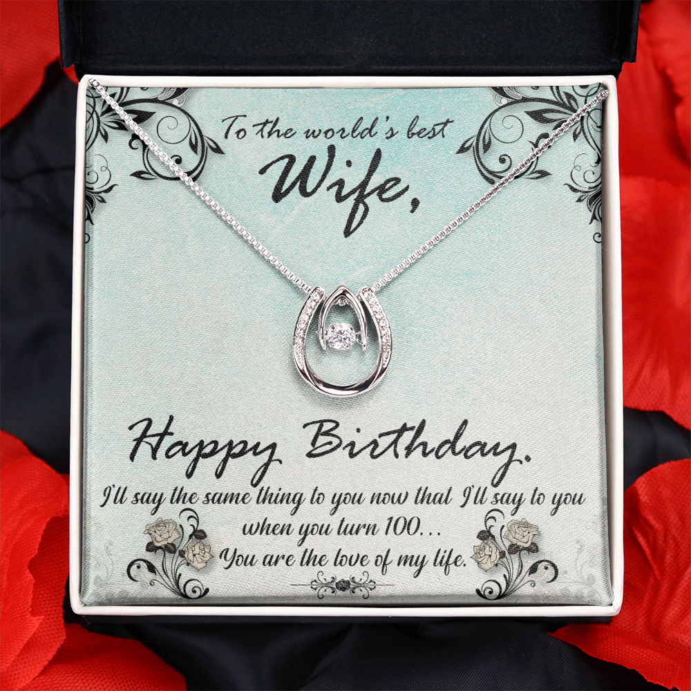 To My Wife Birthday Love of My Life Lucky Horseshoe Necklace Message Card 14k w CZ Crystals-Express Your Love Gifts