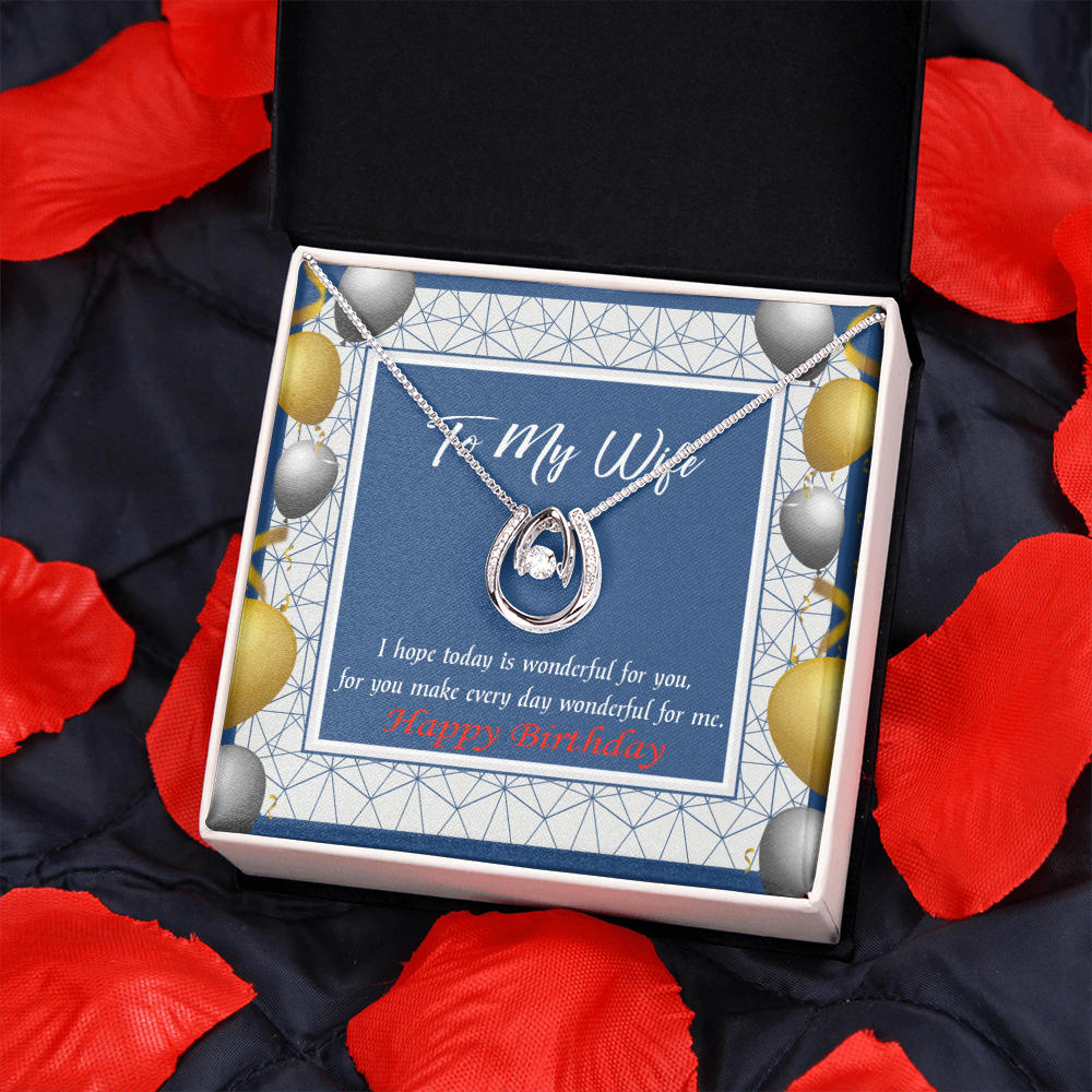 To My Wife Birthday You Are Wonderful Lucky Horseshoe Necklace Message Card 14k w CZ Crystals-Express Your Love Gifts