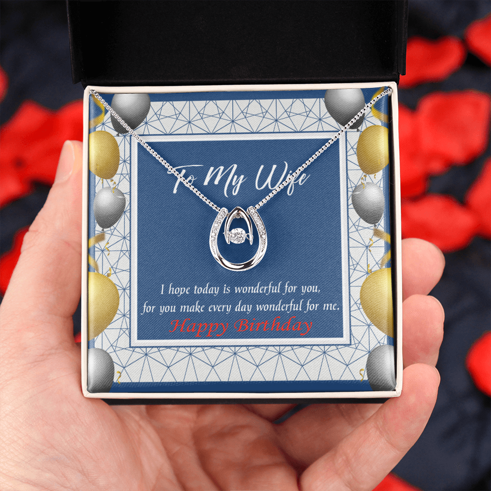 To My Wife Birthday You Are Wonderful Lucky Horseshoe Necklace Message Card 14k w CZ Crystals-Express Your Love Gifts