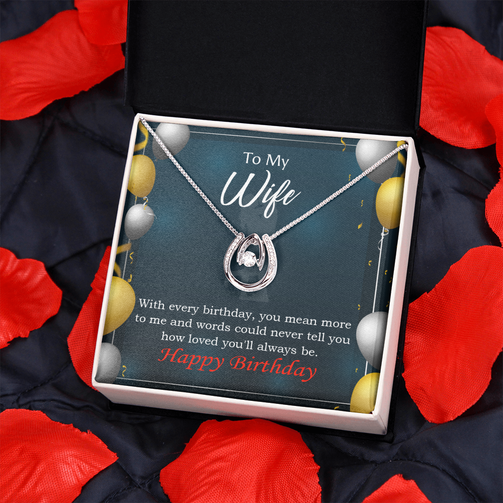 To My Wife Every Birthday Lucky Horseshoe Necklace Message Card 14k w CZ Crystals-Express Your Love Gifts