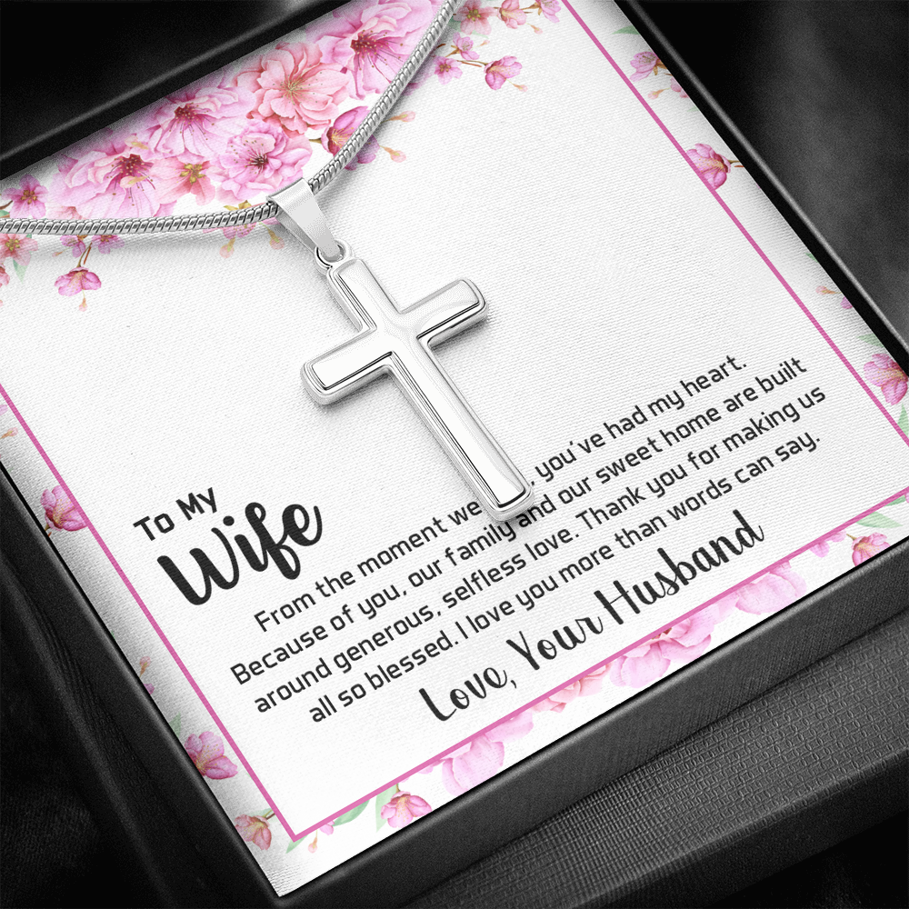 To My Wife From The Moment We Met Cross Card Necklace w Stainless Steel Pendant-Express Your Love Gifts