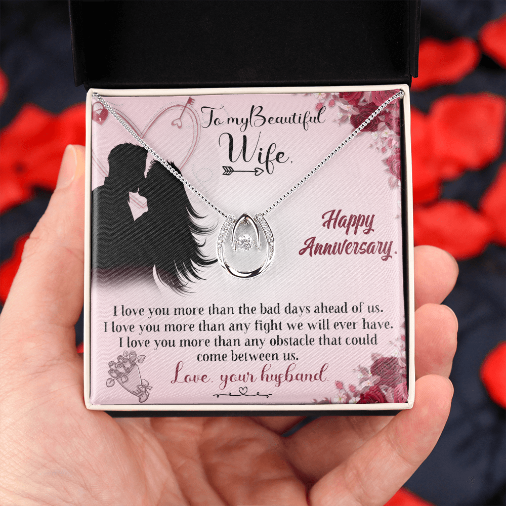 To My Wife I Love You More Than Words Lucky Horseshoe Necklace Message Card 14k w CZ Crystals-Express Your Love Gifts