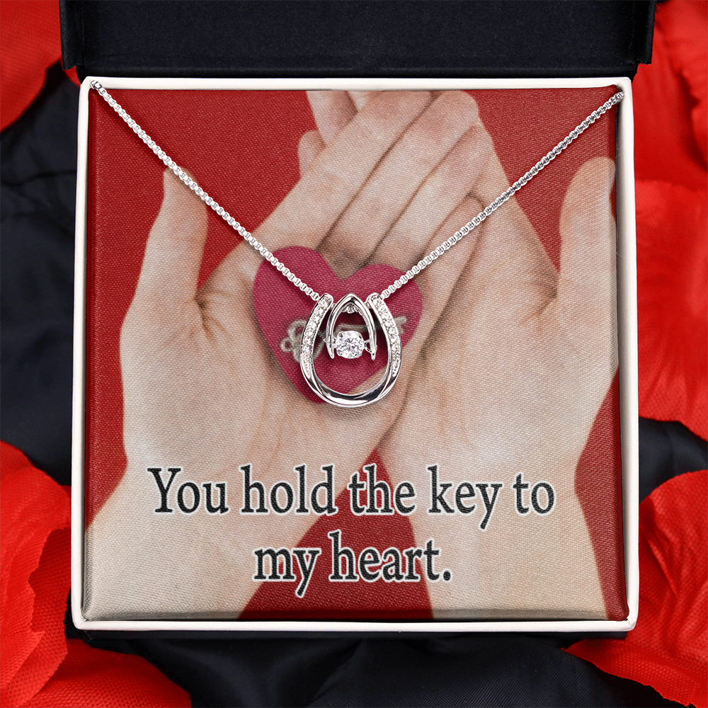 To My Wife Key To My Heart Lucky Horseshoe Necklace Message Card 14k w CZ Crystals-Express Your Love Gifts