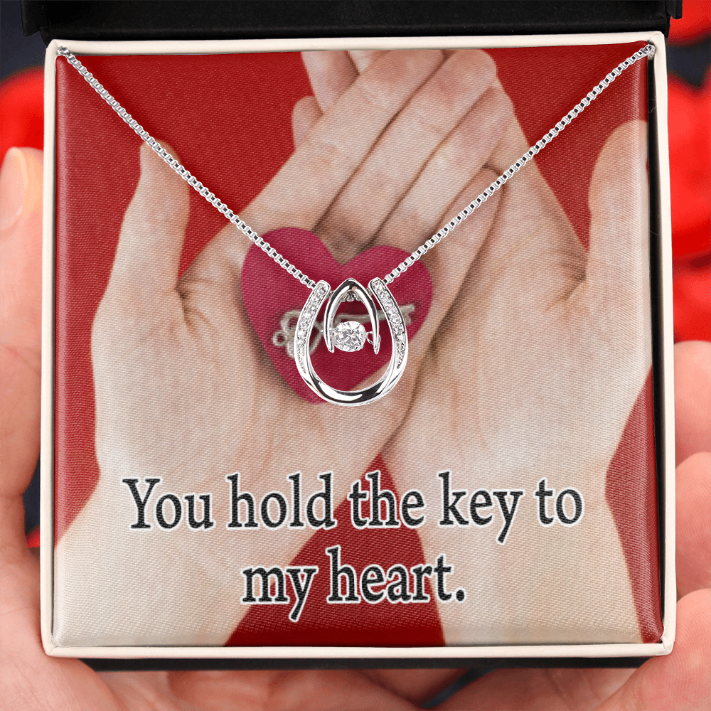 To My Wife Key To My Heart Lucky Horseshoe Necklace Message Card 14k w CZ Crystals-Express Your Love Gifts