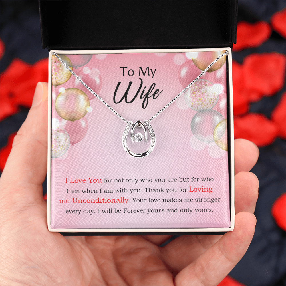 To My Wife Loving Me Unconditionally Lucky Horseshoe Necklace Message Card 14k w CZ Crystals-Express Your Love Gifts