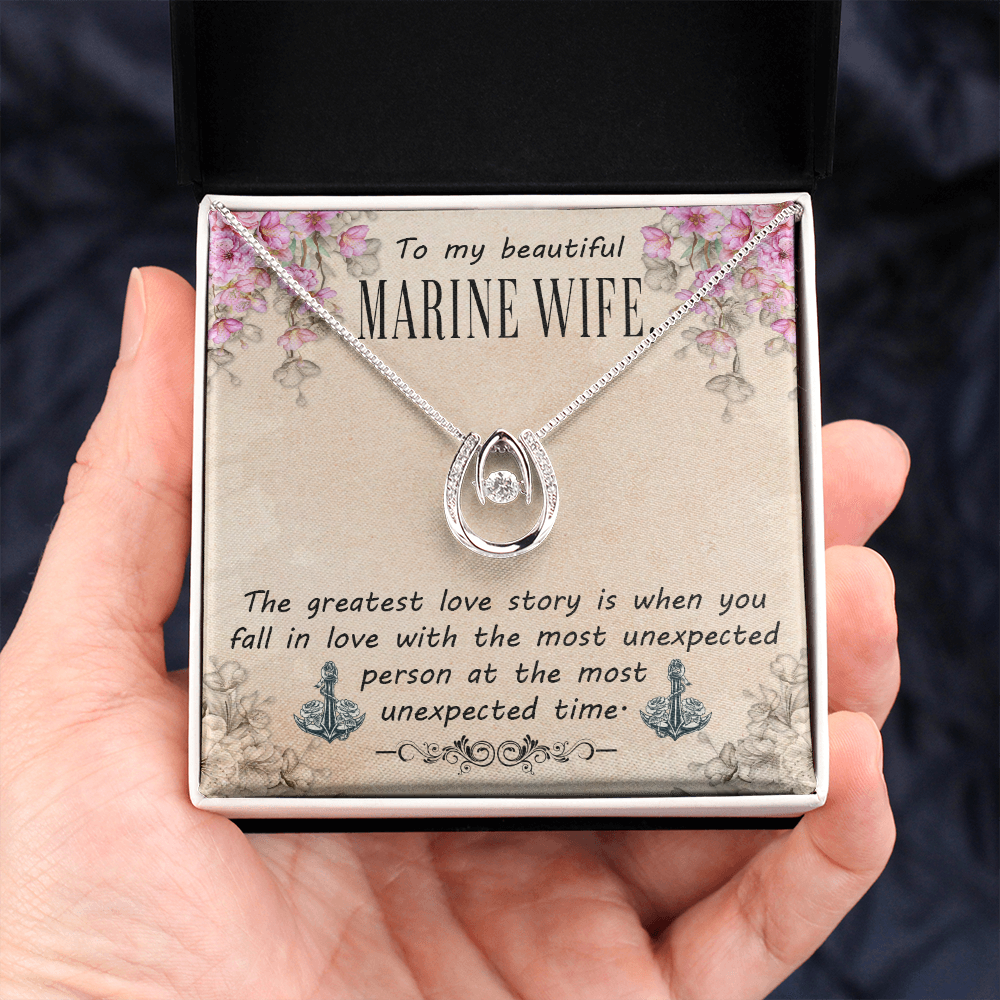 To My Wife Marine Wife Lucky Horseshoe Necklace Message Card 14k w CZ Crystals-Express Your Love Gifts