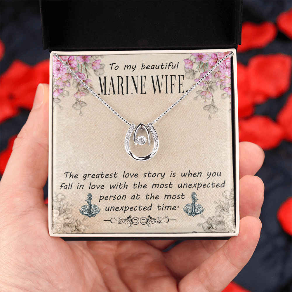 To My Wife Marine Wife Lucky Horseshoe Necklace Message Card 14k w CZ Crystals-Express Your Love Gifts