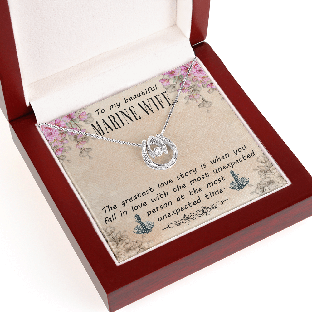 To My Wife Marine Wife Lucky Horseshoe Necklace Message Card 14k w CZ Crystals-Express Your Love Gifts