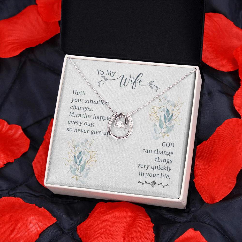 To My Wife Miracle Happens Lucky Horseshoe Necklace Message Card 14k w CZ Crystals-Express Your Love Gifts