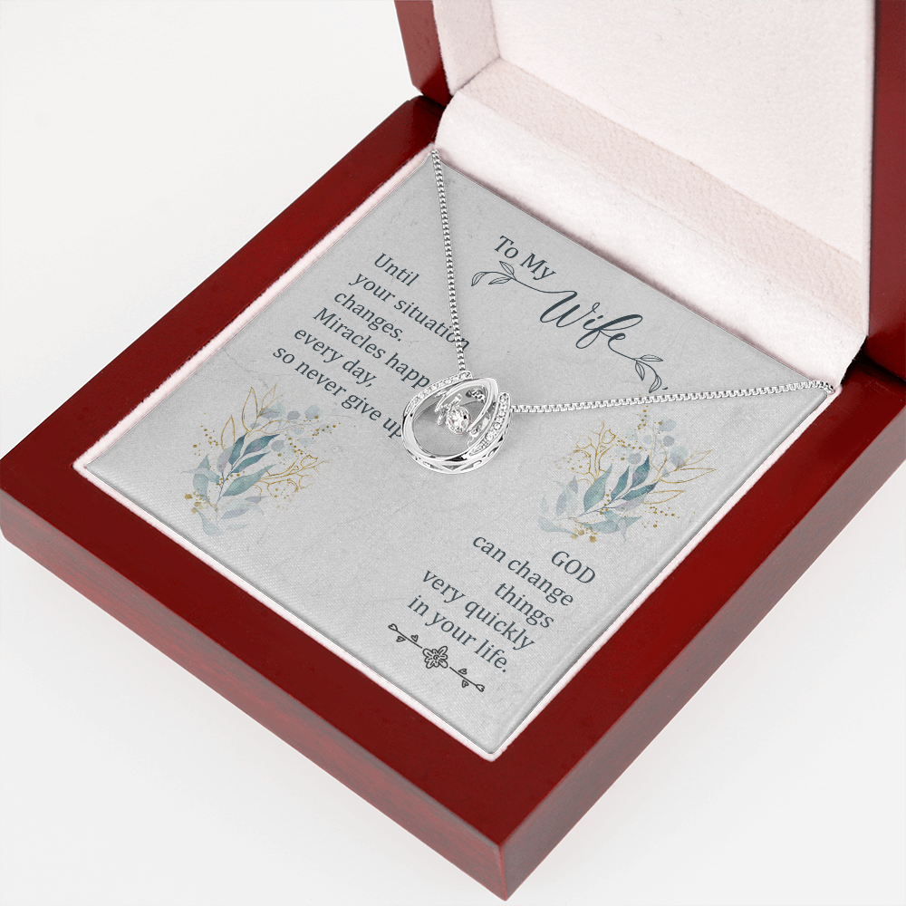 To My Wife Miracle Happens Lucky Horseshoe Necklace Message Card 14k w CZ Crystals-Express Your Love Gifts