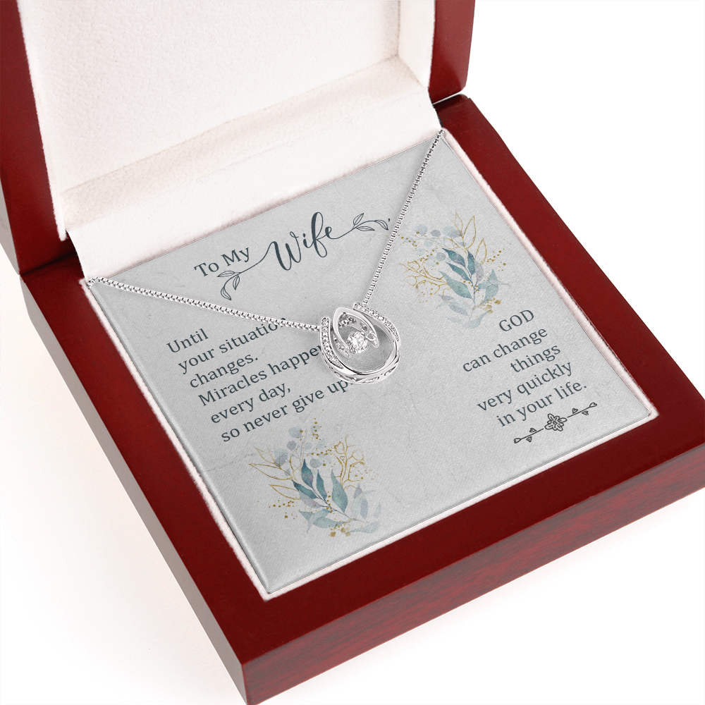 To My Wife Miracle Happens Lucky Horseshoe Necklace Message Card 14k w CZ Crystals-Express Your Love Gifts