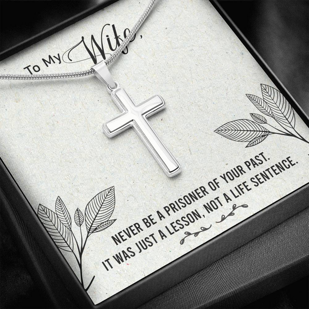 To My Wife Never Be a Prisoner Cross Card Necklace w Stainless Steel Pendant-Express Your Love Gifts