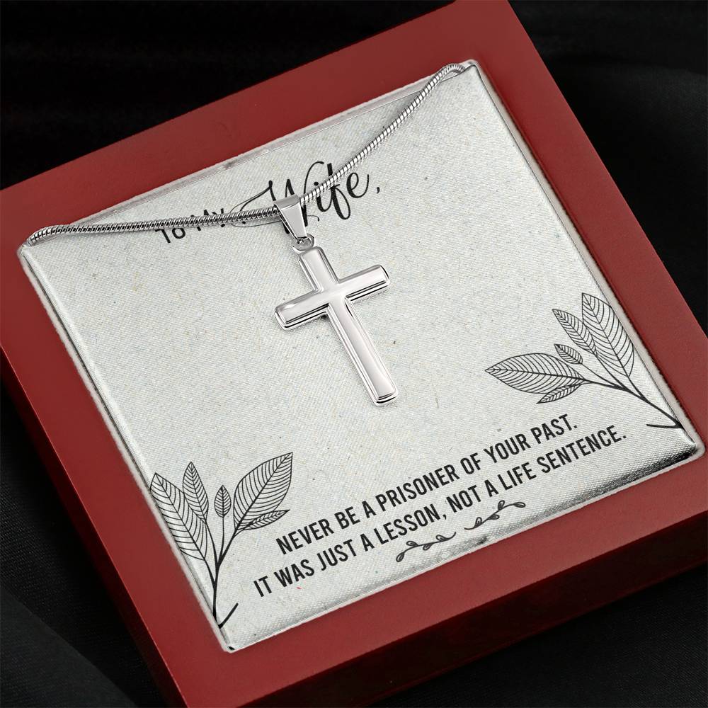 To My Wife Never Be a Prisoner Cross Card Necklace w Stainless Steel Pendant-Express Your Love Gifts
