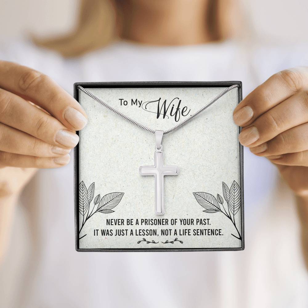 To My Wife Never Be a Prisoner Cross Card Necklace w Stainless Steel Pendant-Express Your Love Gifts