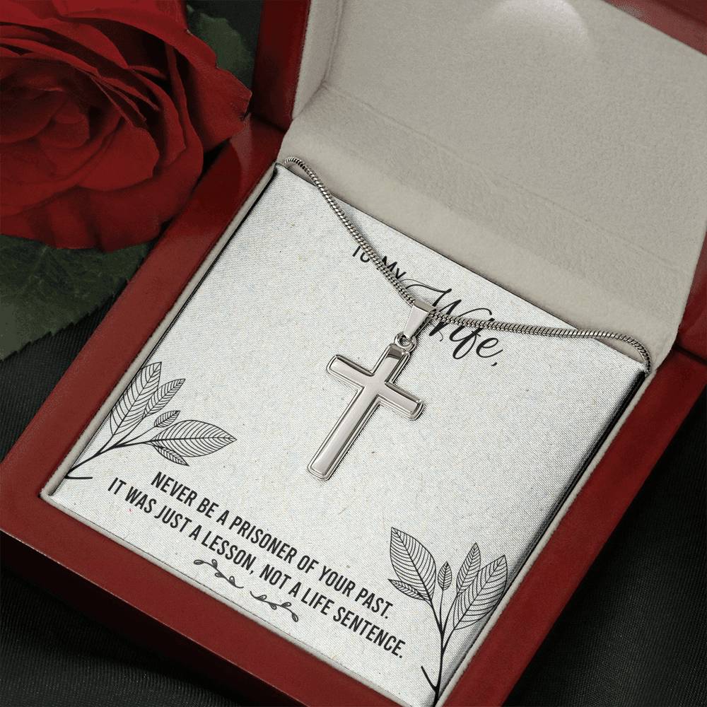 To My Wife Never Be a Prisoner Cross Card Necklace w Stainless Steel Pendant-Express Your Love Gifts