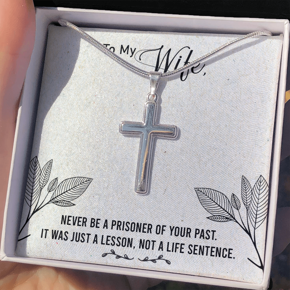 To My Wife Never Be a Prisoner Cross Card Necklace w Stainless Steel Pendant-Express Your Love Gifts