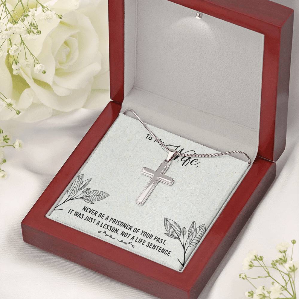 To My Wife Never Be a Prisoner Cross Card Necklace w Stainless Steel Pendant-Express Your Love Gifts