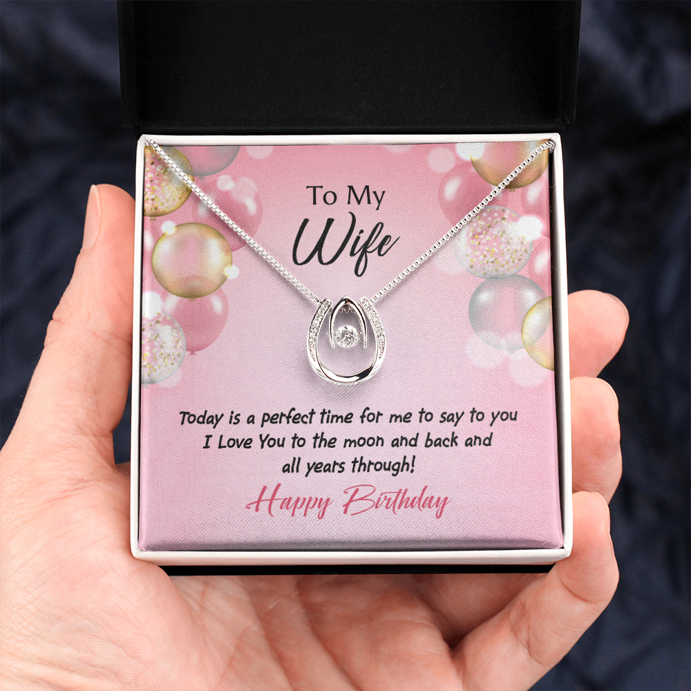 To My Wife Perfect Time Birthday Lucky Horseshoe Necklace Message Card 14k w CZ Crystals-Express Your Love Gifts