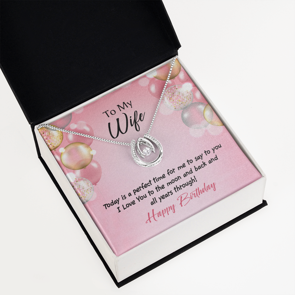 To My Wife Perfect Time Birthday Lucky Horseshoe Necklace Message Card 14k w CZ Crystals-Express Your Love Gifts