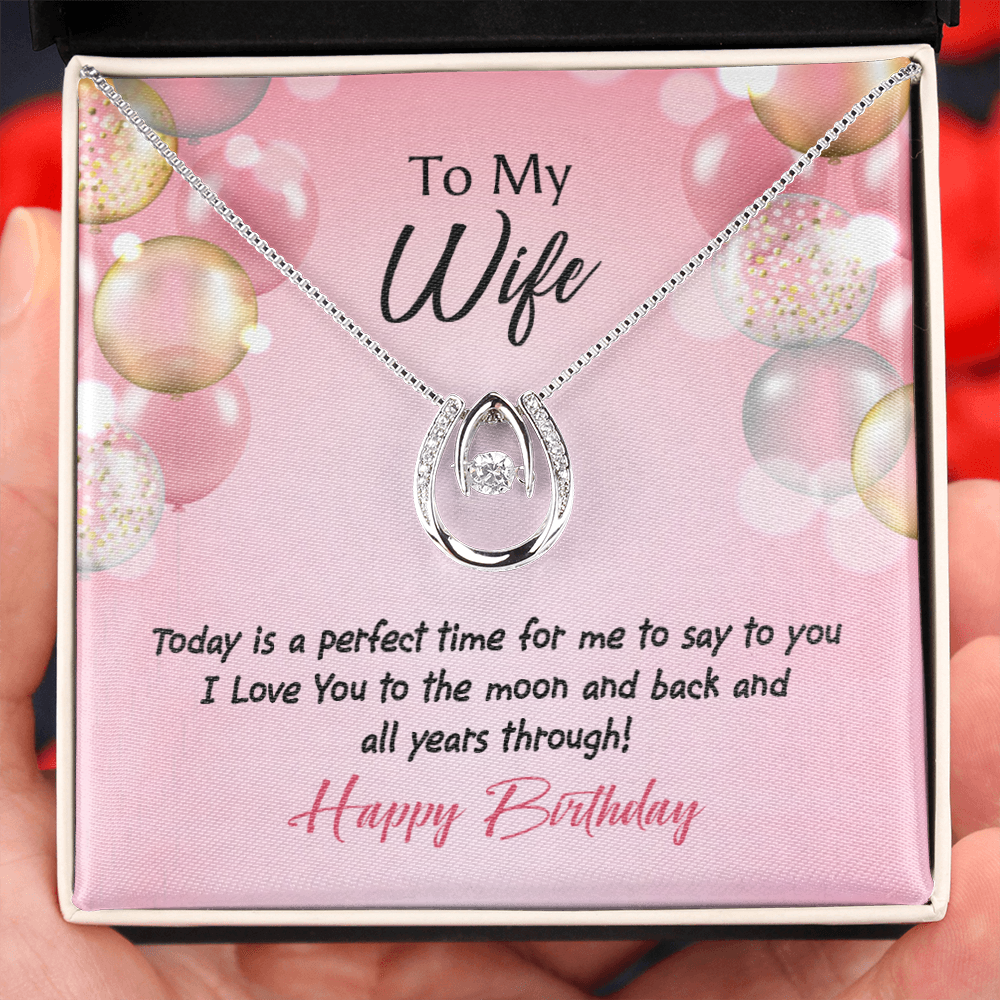 To My Wife Perfect Time Birthday Lucky Horseshoe Necklace Message Card 14k w CZ Crystals-Express Your Love Gifts