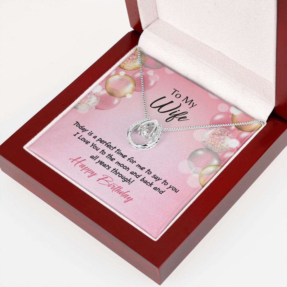 To My Wife Perfect Time Birthday Lucky Horseshoe Necklace Message Card 14k w CZ Crystals-Express Your Love Gifts