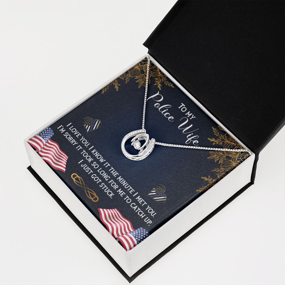 To My Wife Police Wife Lucky Horseshoe Necklace Message Card 14k w CZ Crystals-Express Your Love Gifts