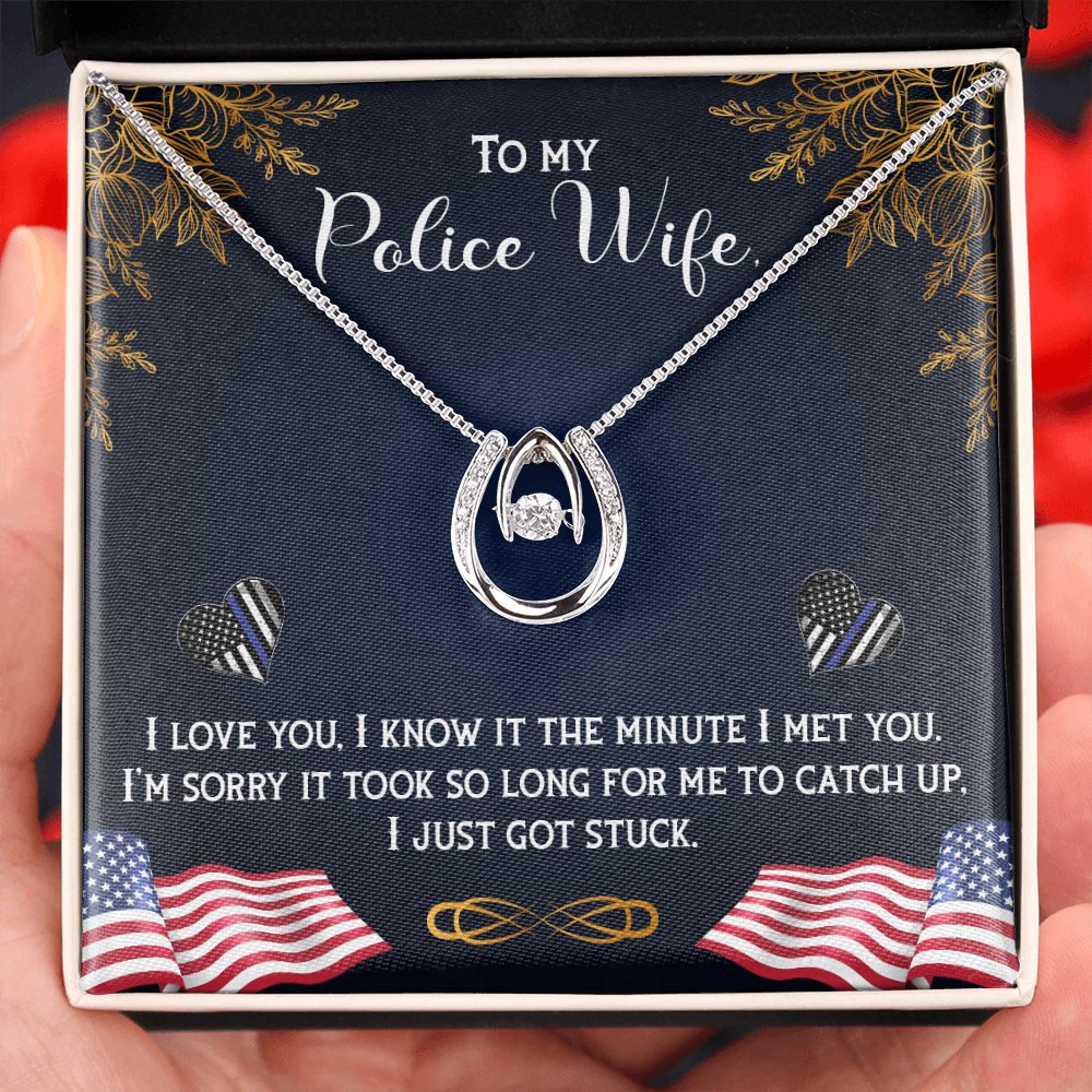 To My Wife Police Wife Lucky Horseshoe Necklace Message Card 14k w CZ Crystals-Express Your Love Gifts