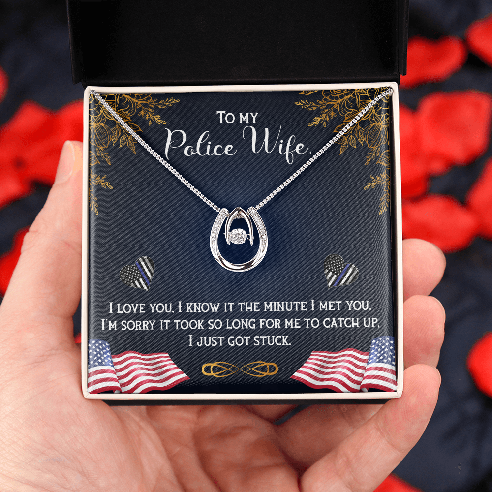 To My Wife Police Wife Lucky Horseshoe Necklace Message Card 14k w CZ Crystals-Express Your Love Gifts