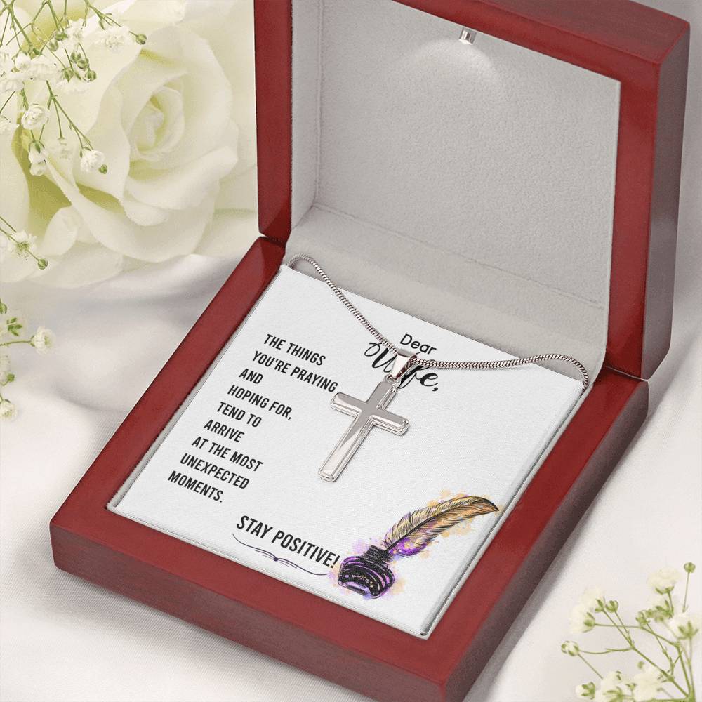 To My Wife Stay Positive Cross Card Necklace w Stainless Steel Pendant-Express Your Love Gifts
