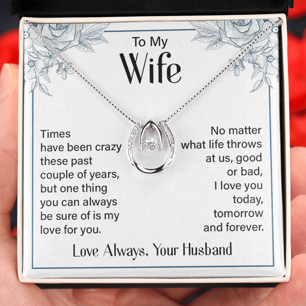 To My Wife Tomorrow and Forever Lucky Horseshoe Necklace Message Card 14k w CZ Crystals-Express Your Love Gifts
