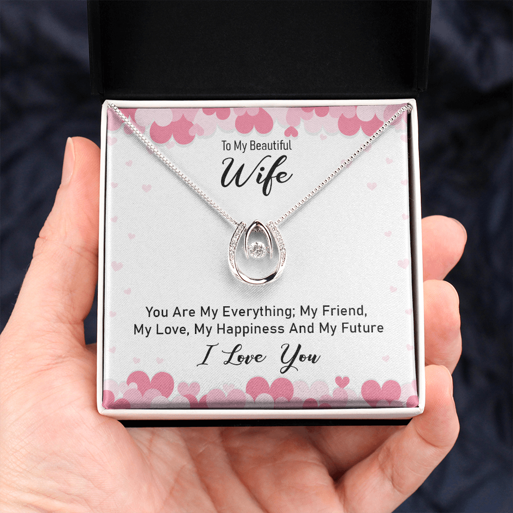 To My Wife You Are My Everything Lucky Horseshoe Necklace Message Card 14k w CZ Crystals-Express Your Love Gifts