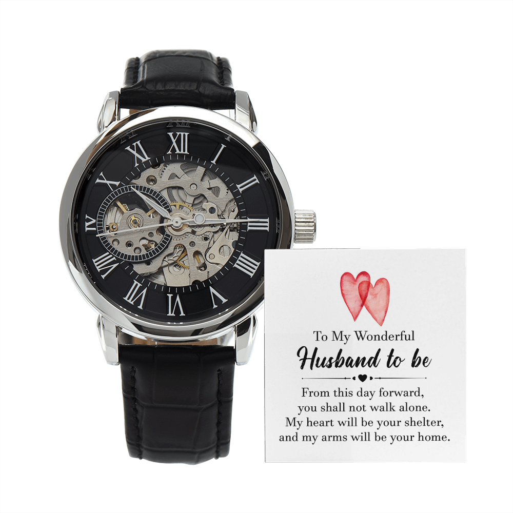 To My Wonderful Husband To Be Men's Openwork Watch With Message Card in Mahogany Box-Express Your Love Gifts