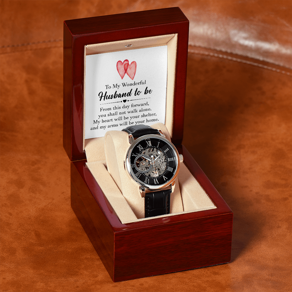 To My Wonderful Husband To Be Men's Openwork Watch With Message Card in Mahogany Box-Express Your Love Gifts