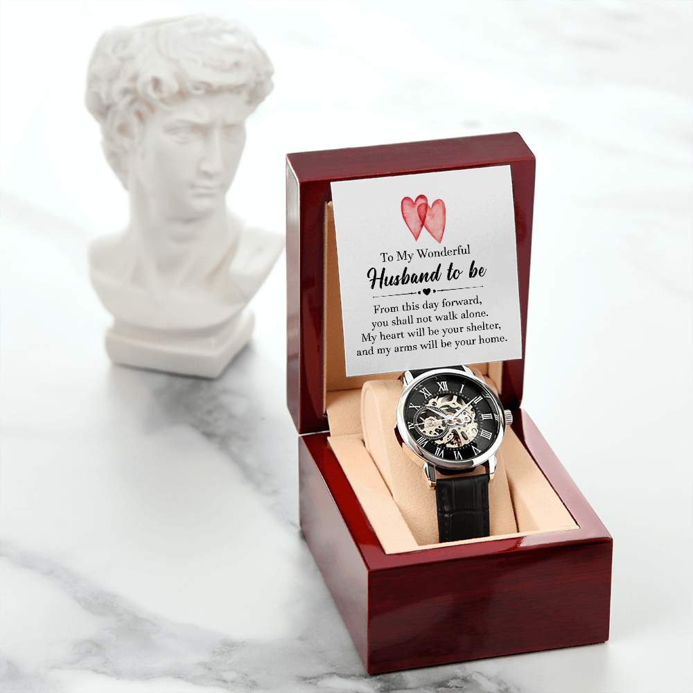 To My Wonderful Husband To Be Men's Openwork Watch With Message Card in Mahogany Box-Express Your Love Gifts
