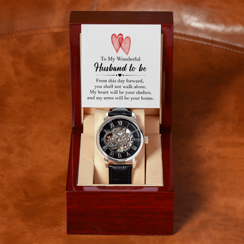 To My Wonderful Husband To Be Men's Openwork Watch With Message Card in Mahogany Box-Express Your Love Gifts