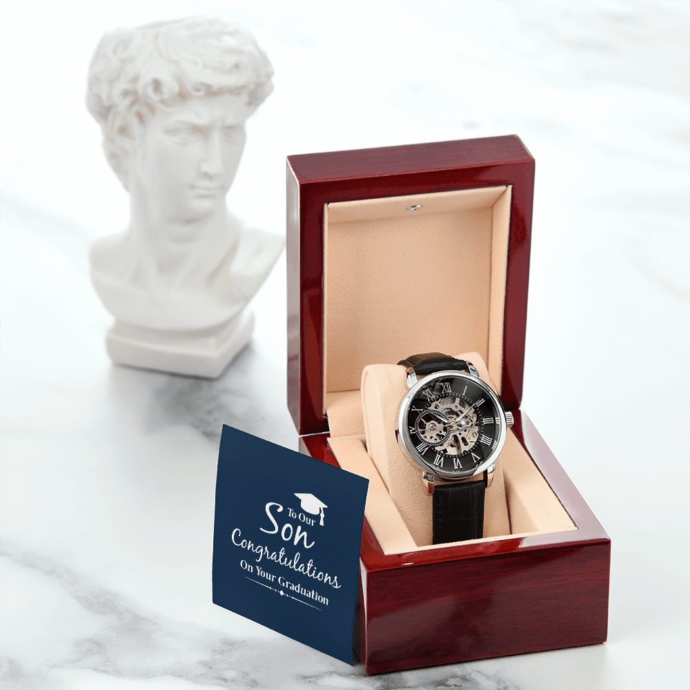To Our Son Congratulations on Your Graduation Men's Openwork Watch With Mahogany Box-Express Your Love Gifts