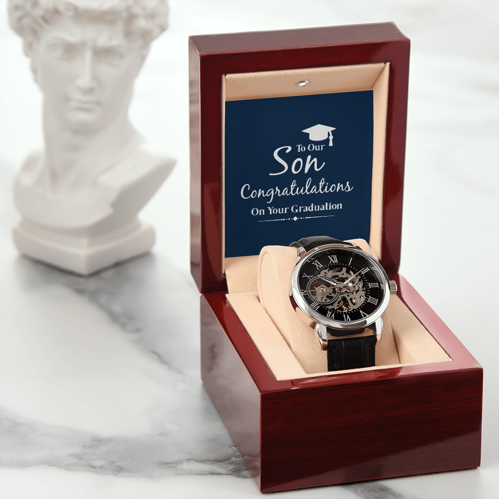 To Our Son Congratulations on Your Graduation Men's Openwork Watch With Mahogany Box-Express Your Love Gifts