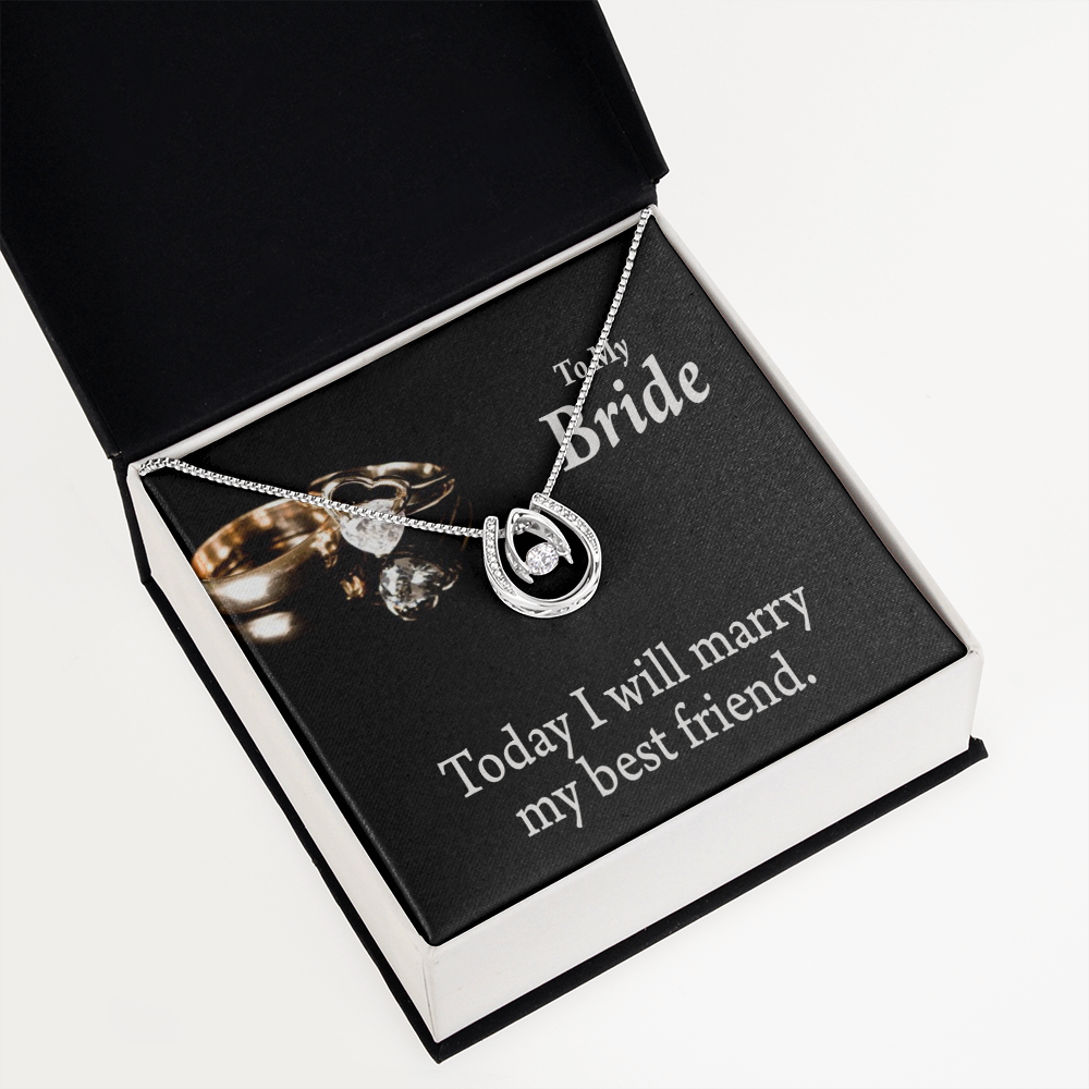 To The Bride Today I Will Marry My Best Lucky Horseshoe Necklace Message Card 14k w CZ Crystals-Express Your Love Gifts