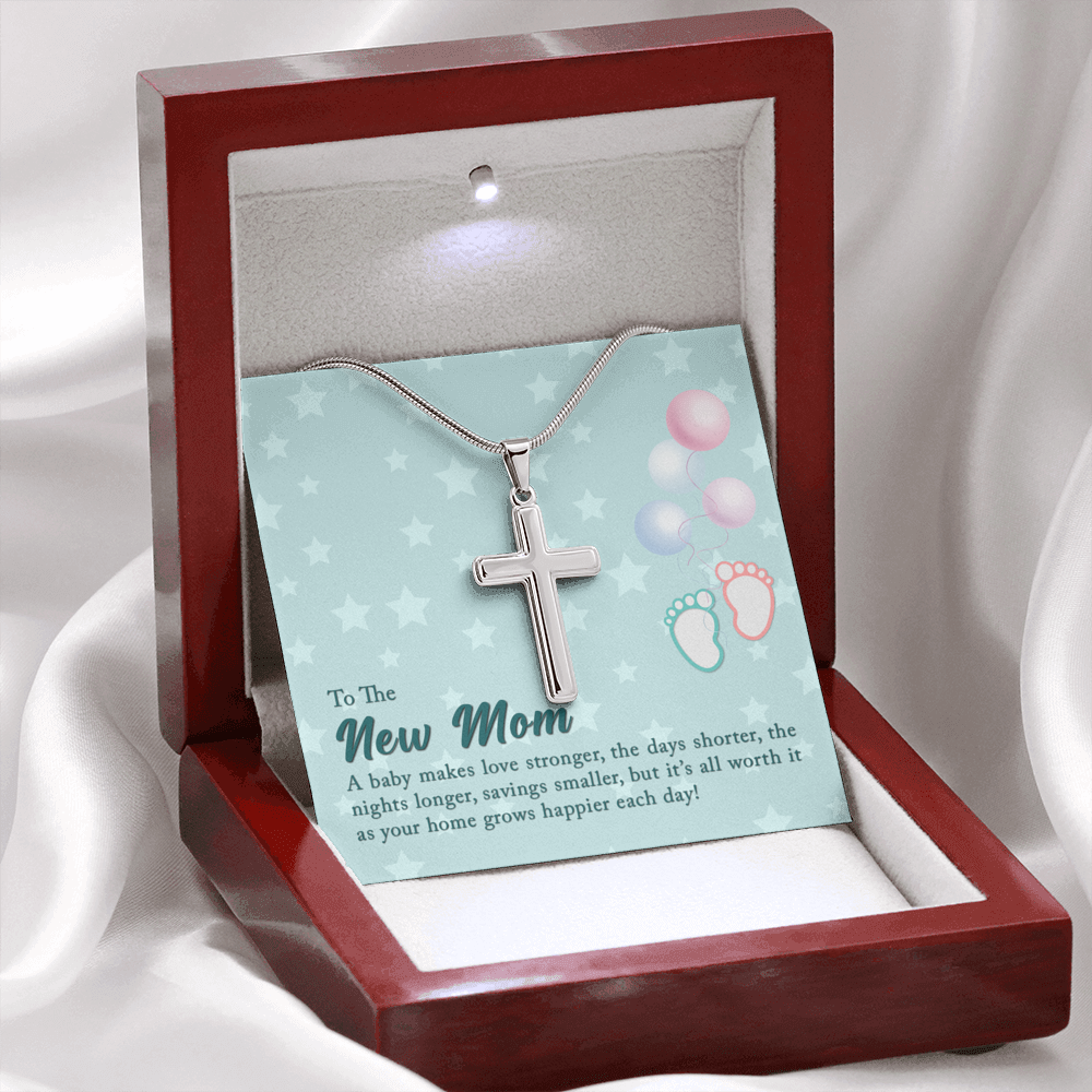 To The New Mom A Baby Makes Love Stronger Cross Card Necklace w Stainless Steel Pendant-Express Your Love Gifts