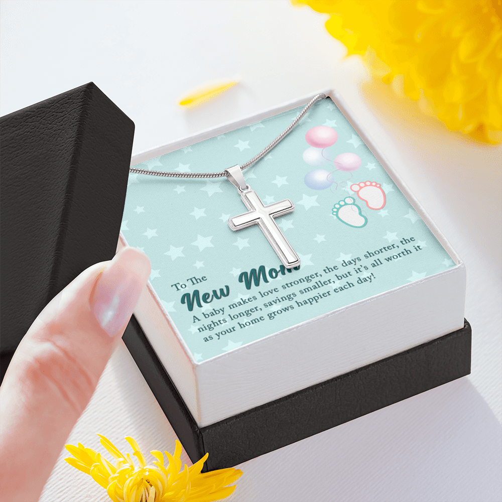 To The New Mom A Baby Makes Love Stronger Cross Card Necklace w Stainless Steel Pendant-Express Your Love Gifts