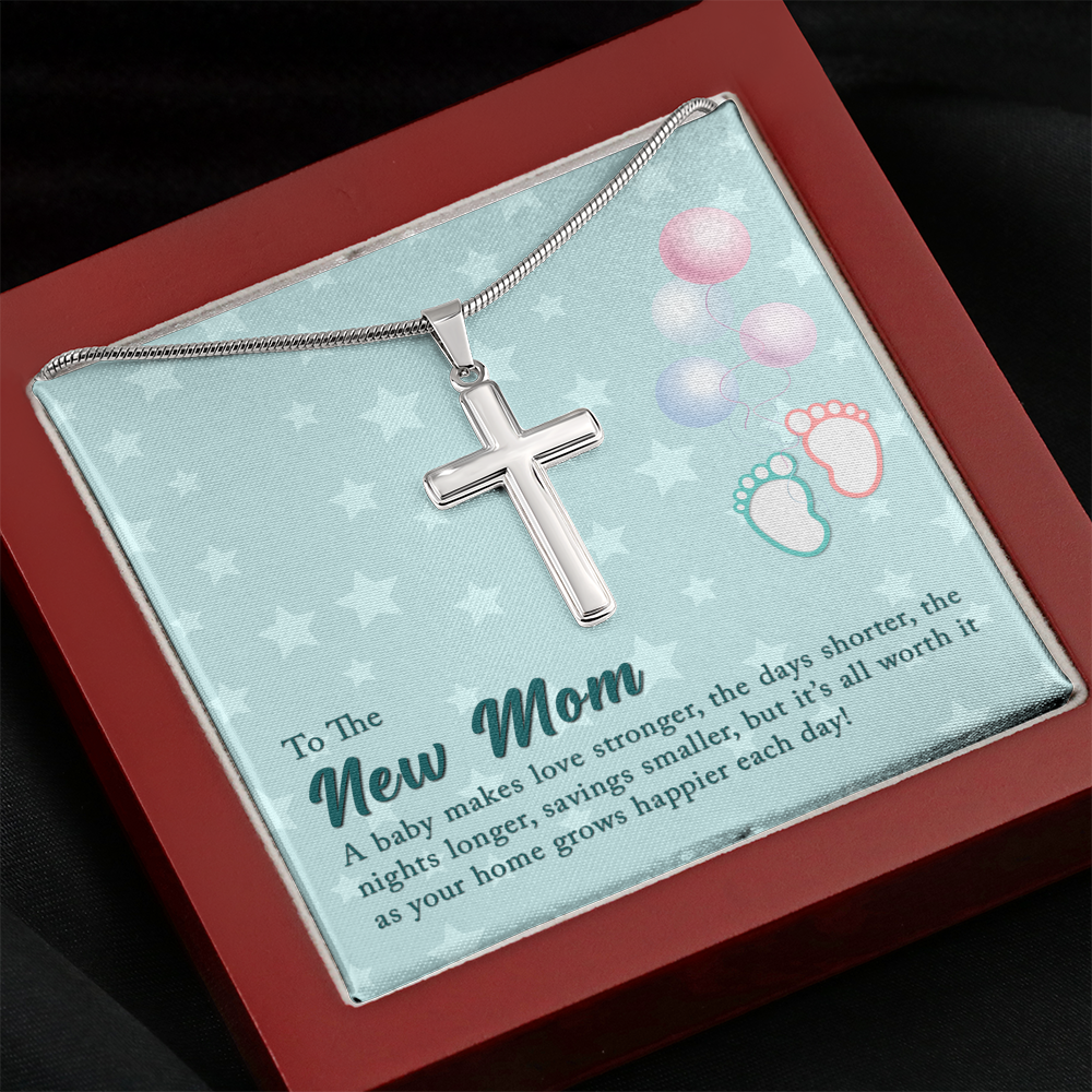 To The New Mom A Baby Makes Love Stronger Cross Card Necklace w Stainless Steel Pendant-Express Your Love Gifts